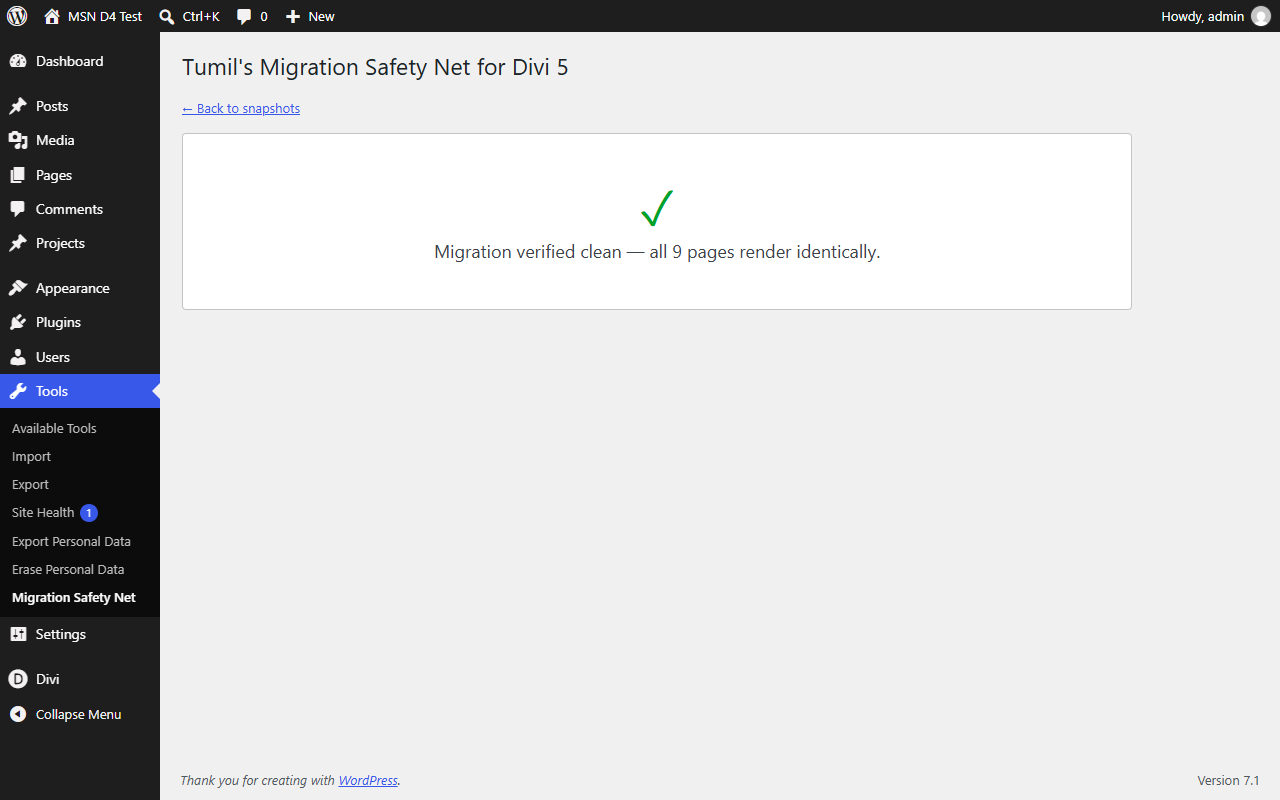 The plugin reporting Migration verified clean, all nine pages rendering identically.